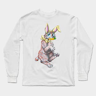 Bobtail BunnyCat: Red On Blue Tabby (Yellow) Long Sleeve T-Shirt